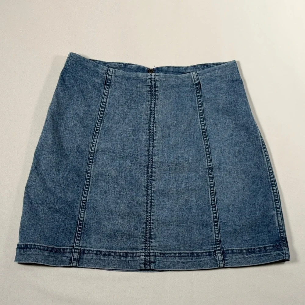 Free People Denim Skirt Women's 10 Blue A-Line Mini Seamed Back Zip Boho Casual